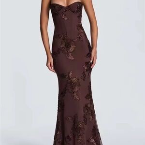Elegant Strapless Brown Floral Sequin Evening Dress